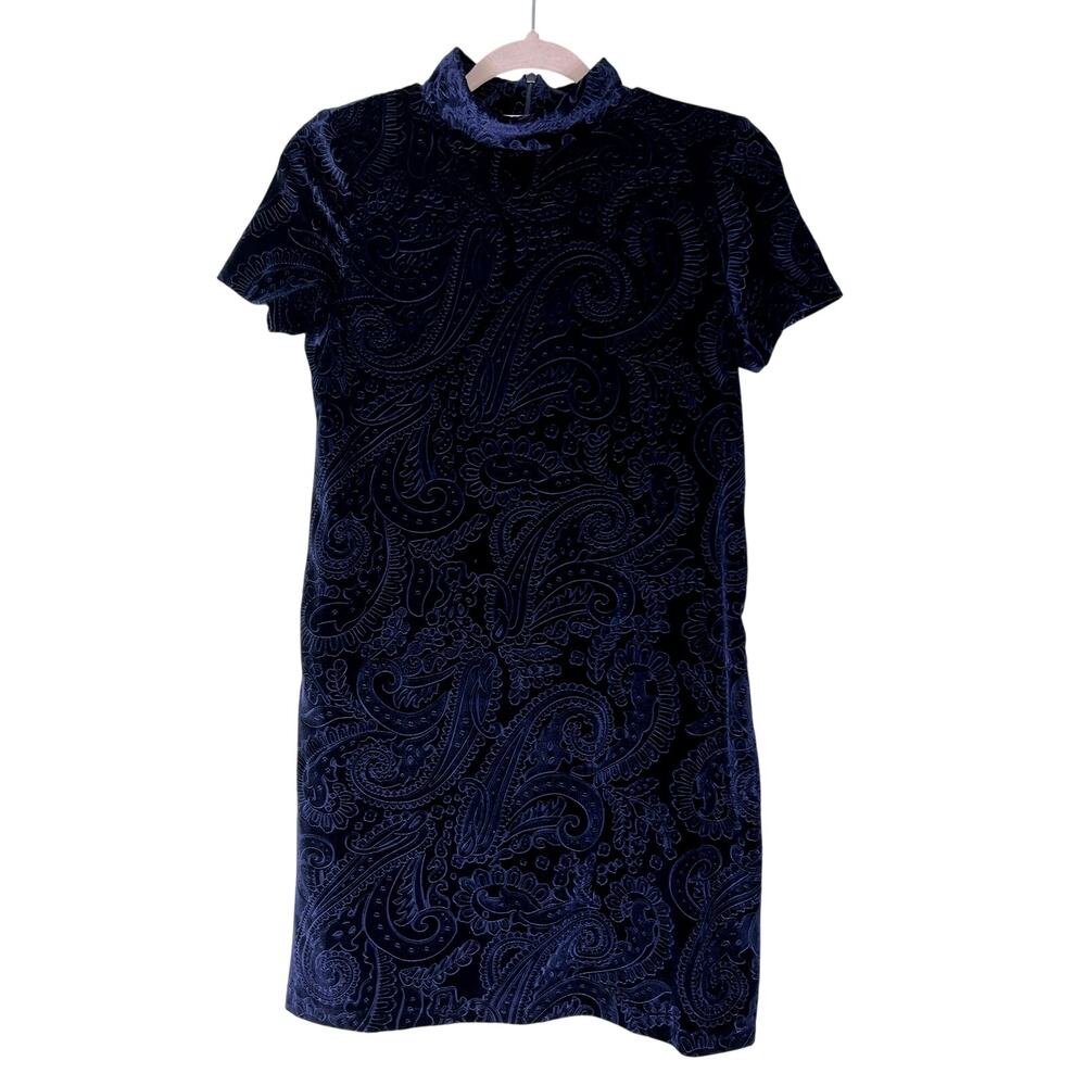 Aqua Navy Blue Velvet Paisley Design Short Sleeves Back Zipper Mini Dress Size M